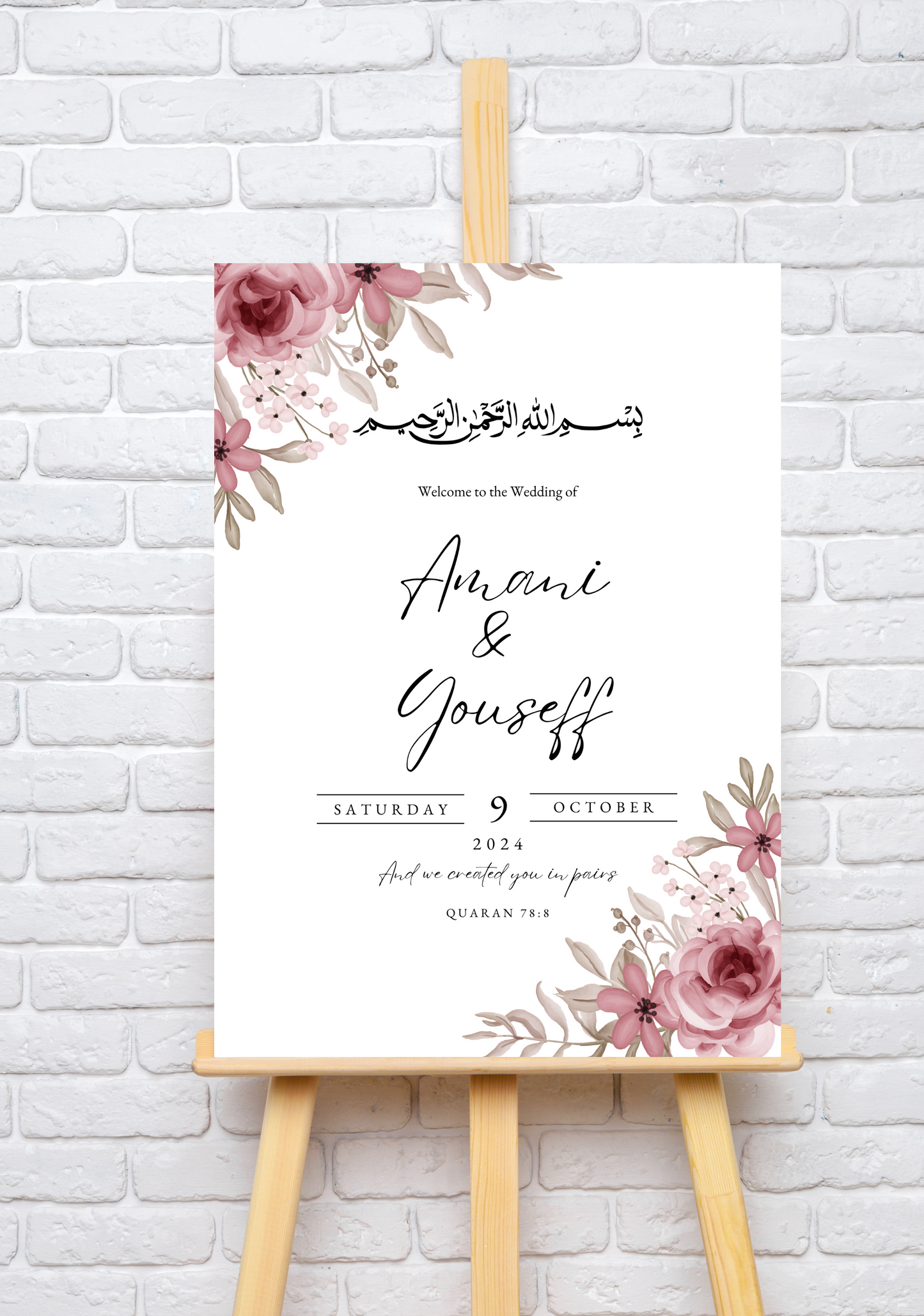 Pink Floral Arabic Wedding Welcome Sign